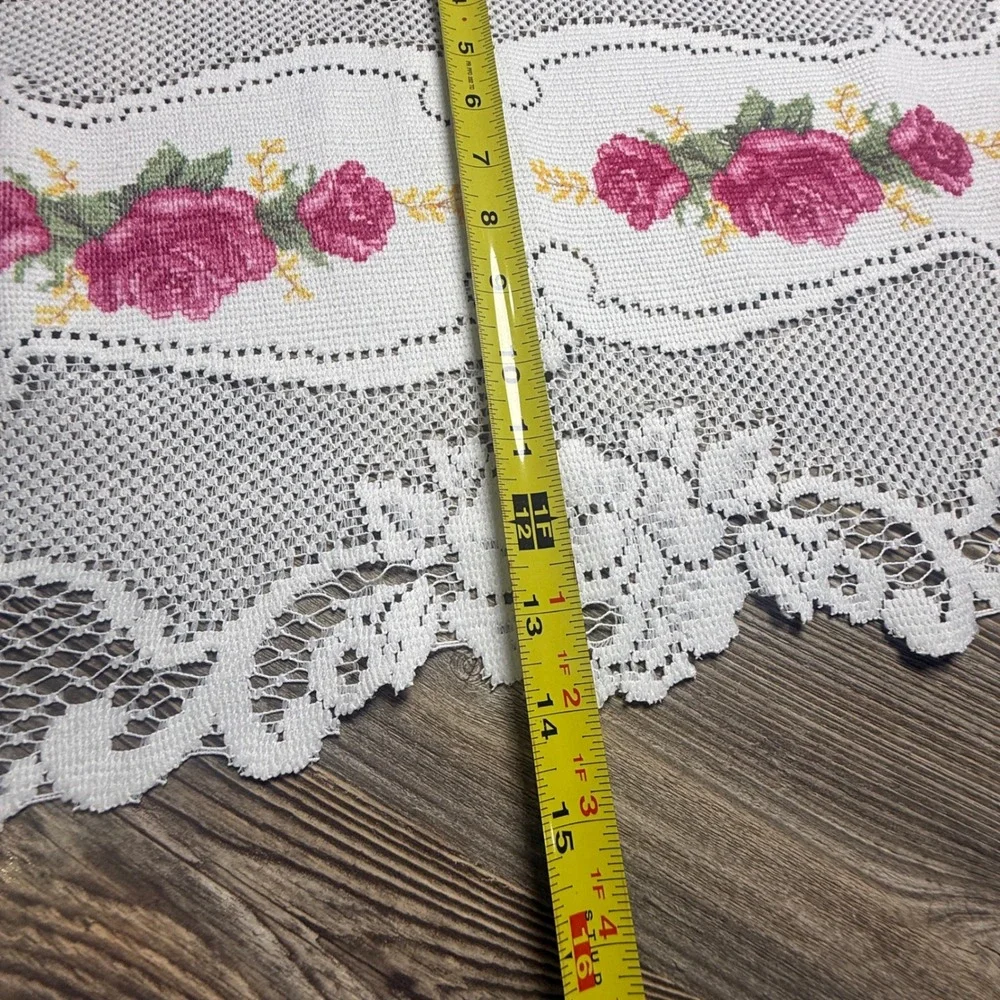 Vintage White Lace Table Runner Pink Rose Cross Stitch Floral Scalloped 46x16